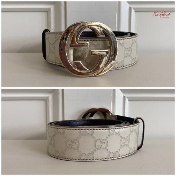 Authentic Gucci Cream Guccissima Leather Gold Interlocking G Buckle Belt 80/32 - Picture 3 of 13